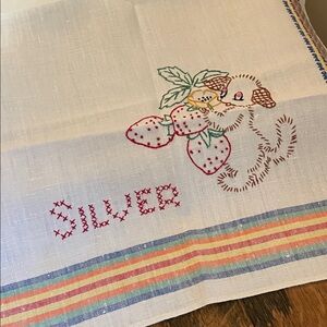 Vintage Embroidered Dog and Strawberry Tea Towel